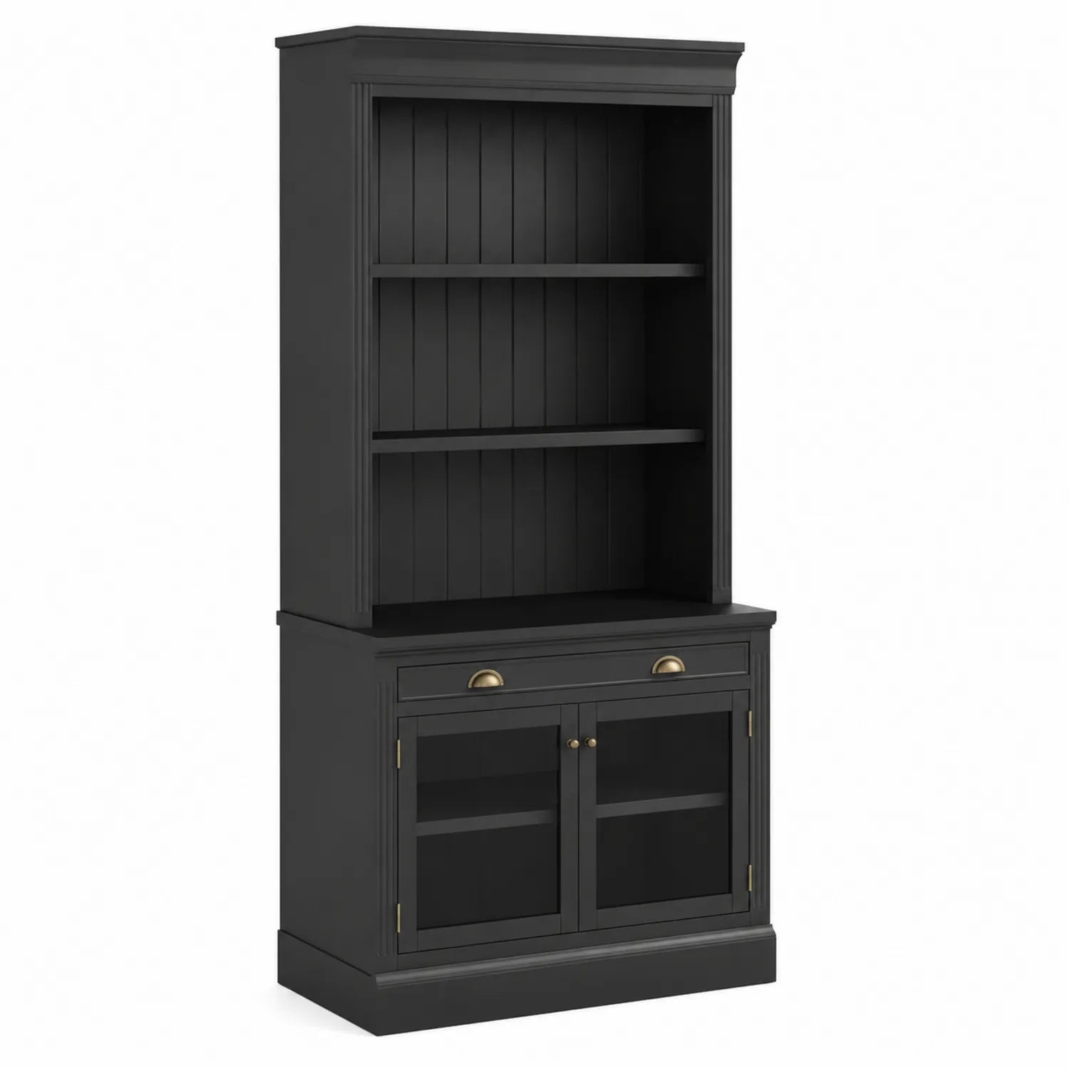 Schwarzes Bücherregal aus Holz mit Glastüren