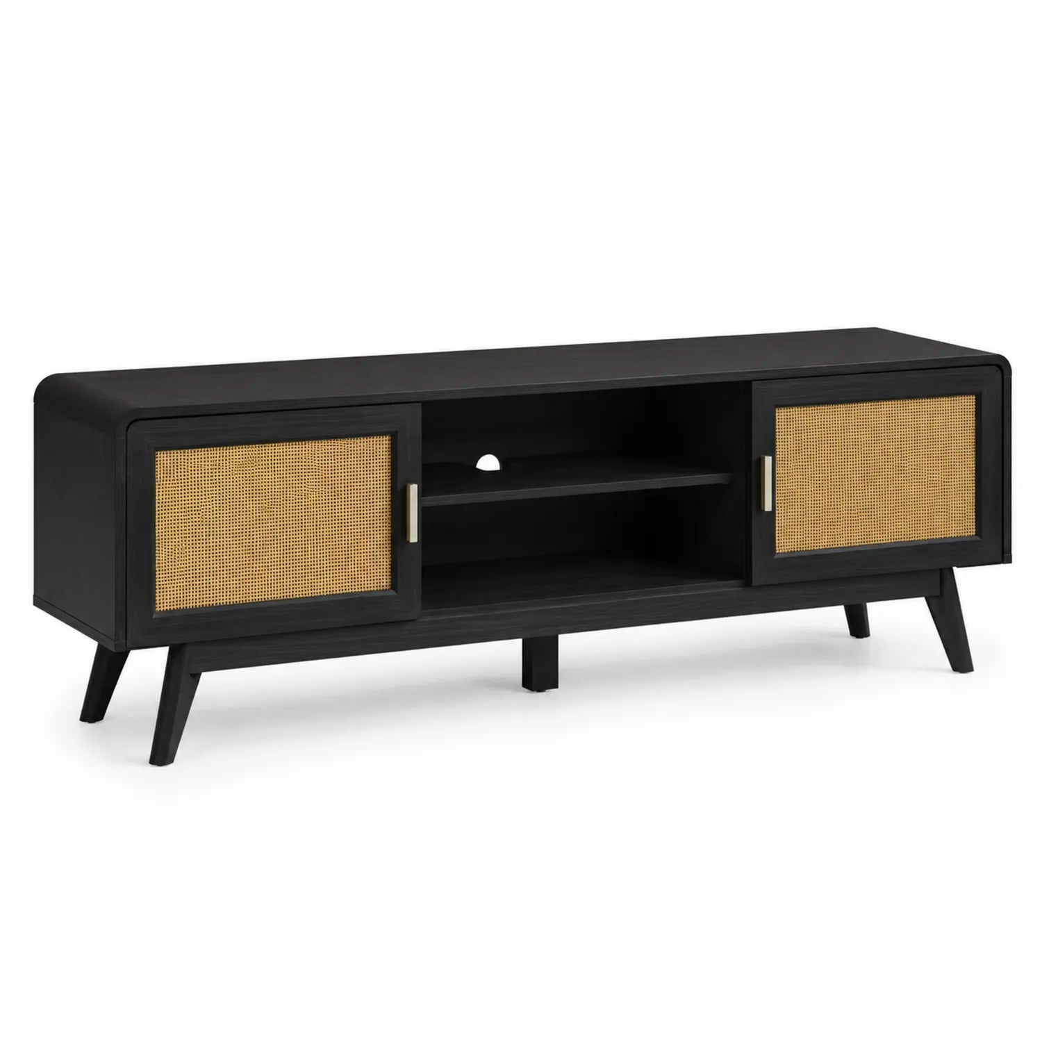 TV-Möbel aus Holz mit Rattan-Akzenten, Schwarz