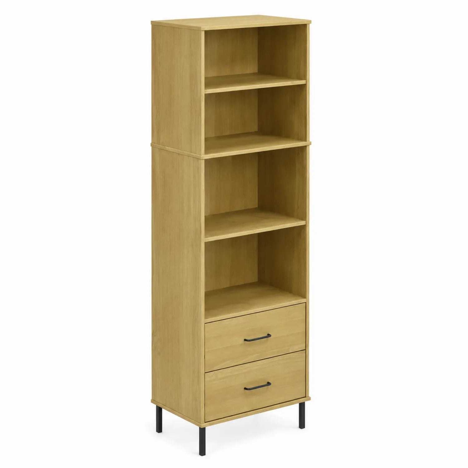 Bücherregal mit 4 Regalen und 2 Schubladen aus MDF in Eiche mit Metallbeinen